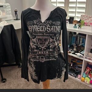 PRIMEVIL Rhinestone Black Graphic Long Sleeve Top With Lace-Up Back. M